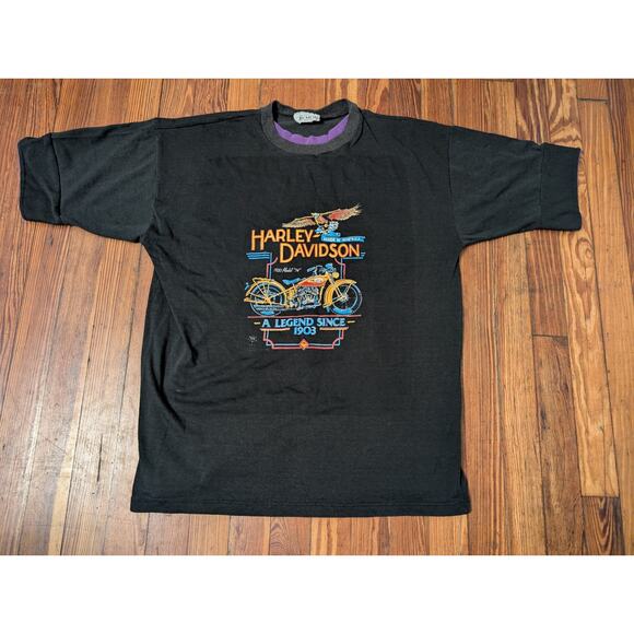 Harley Davidson Vintage 80s A Legend Since 1903 Black Mens Large Jemco Tag Shirt - Picture 1 of 8